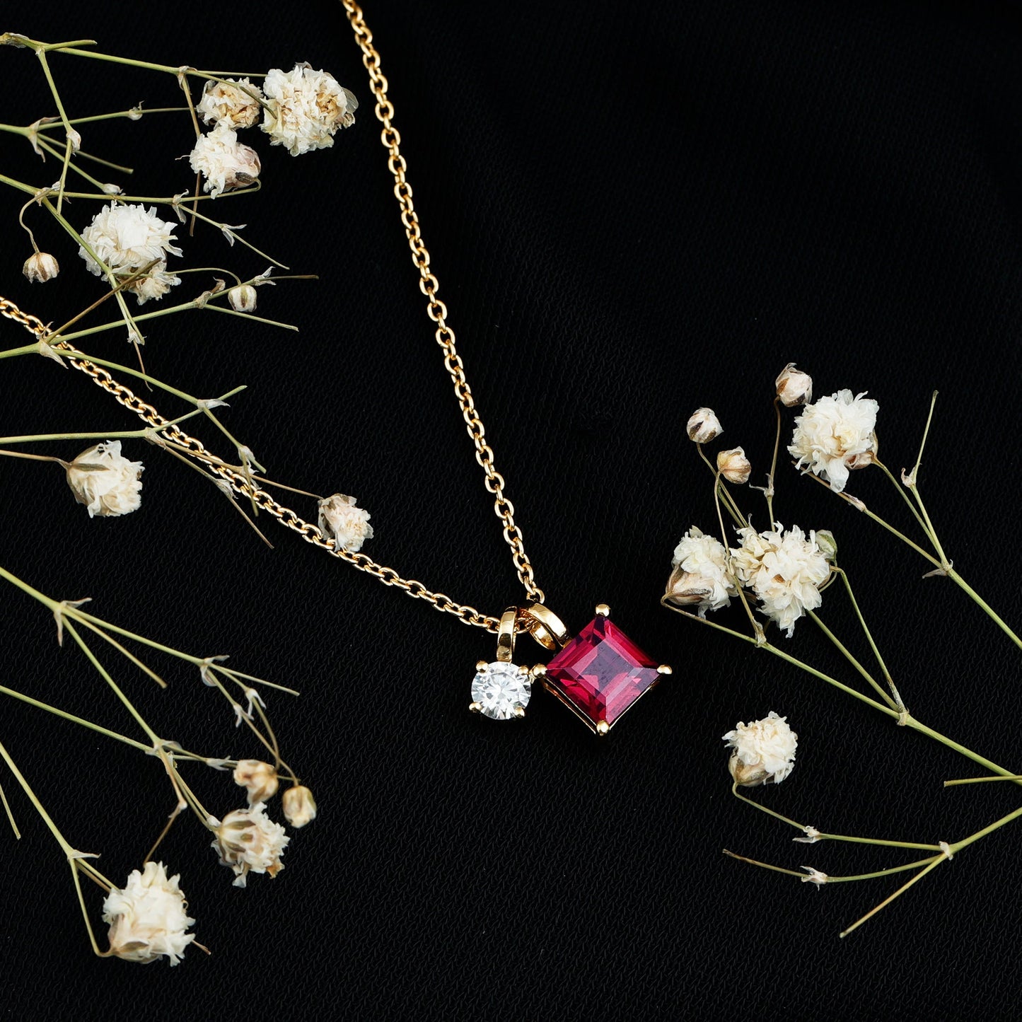 1.4 Carat Princess Cut Rhodolite Garnet Promise Necklace with Moissanite