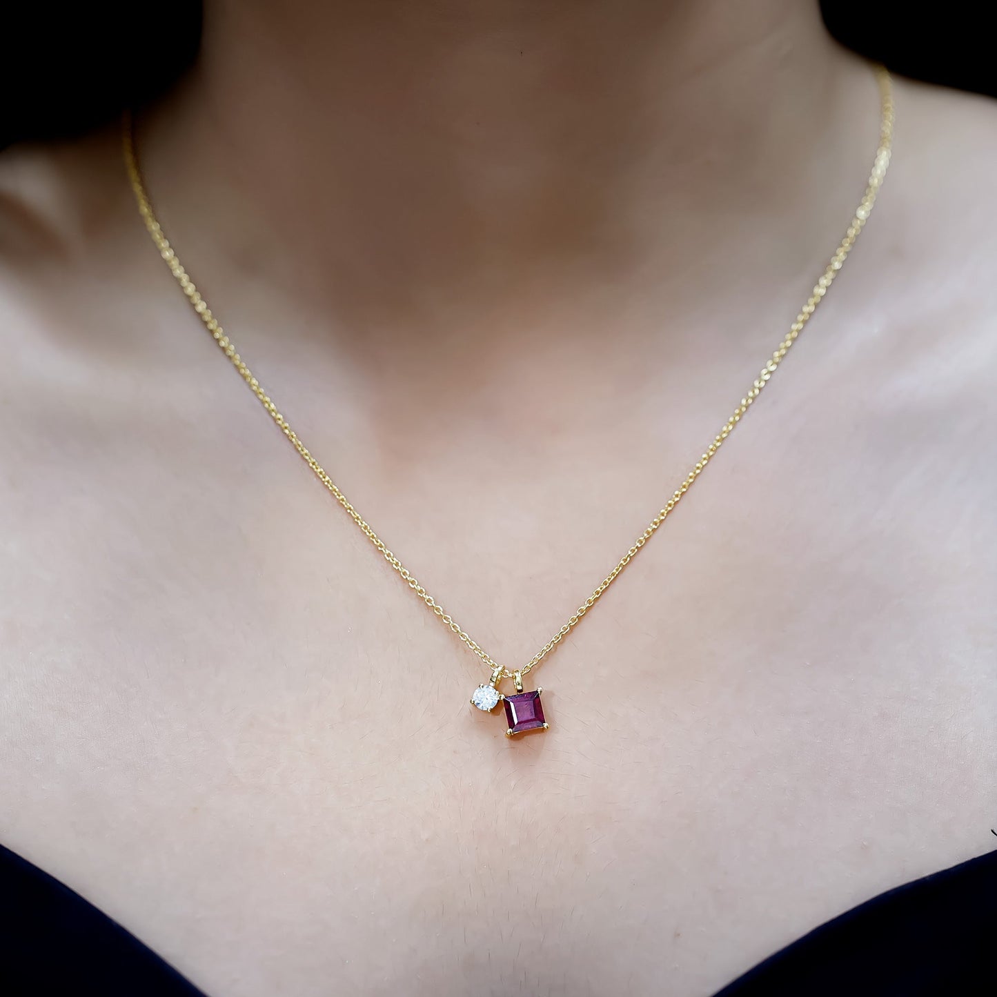 1.4 Carat Princess Cut Rhodolite Garnet Promise Necklace with Moissanite