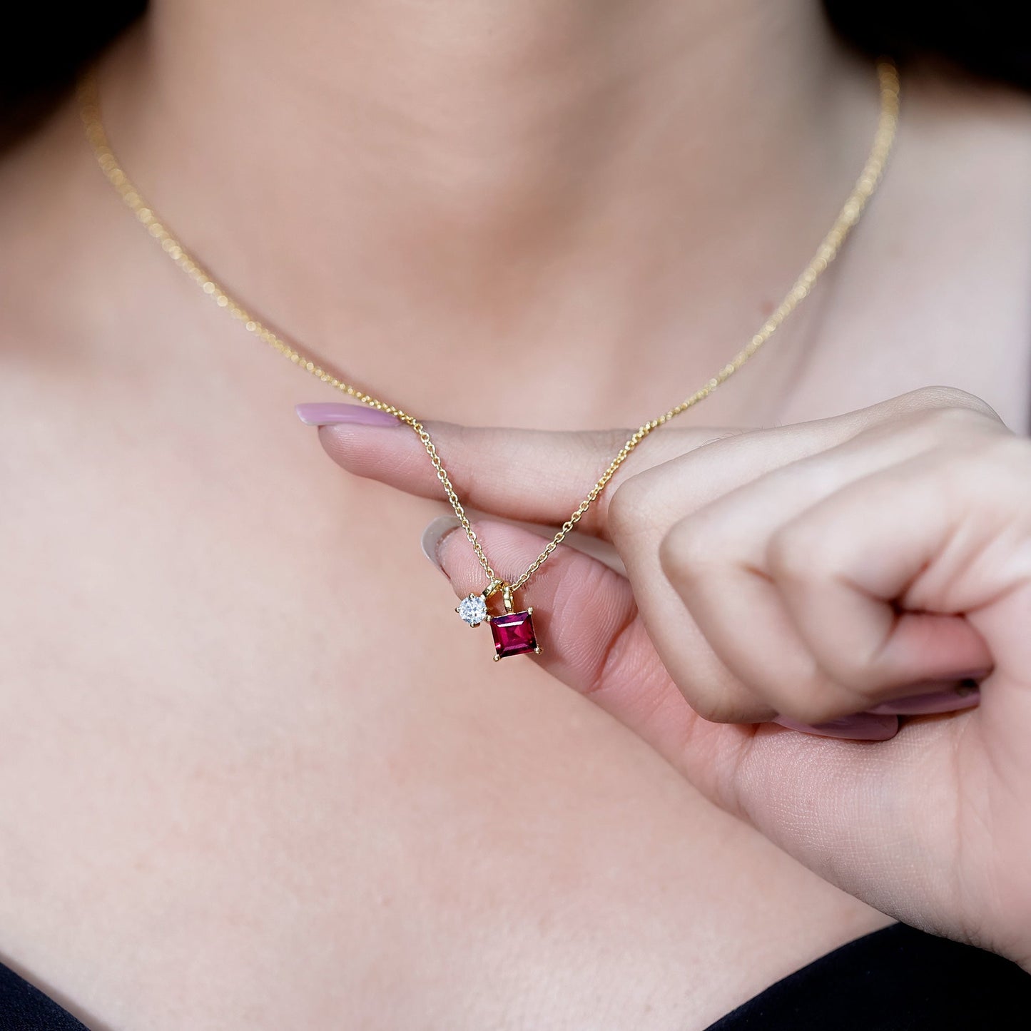 1.4 Carat Princess Cut Rhodolite Garnet Promise Necklace with Moissanite