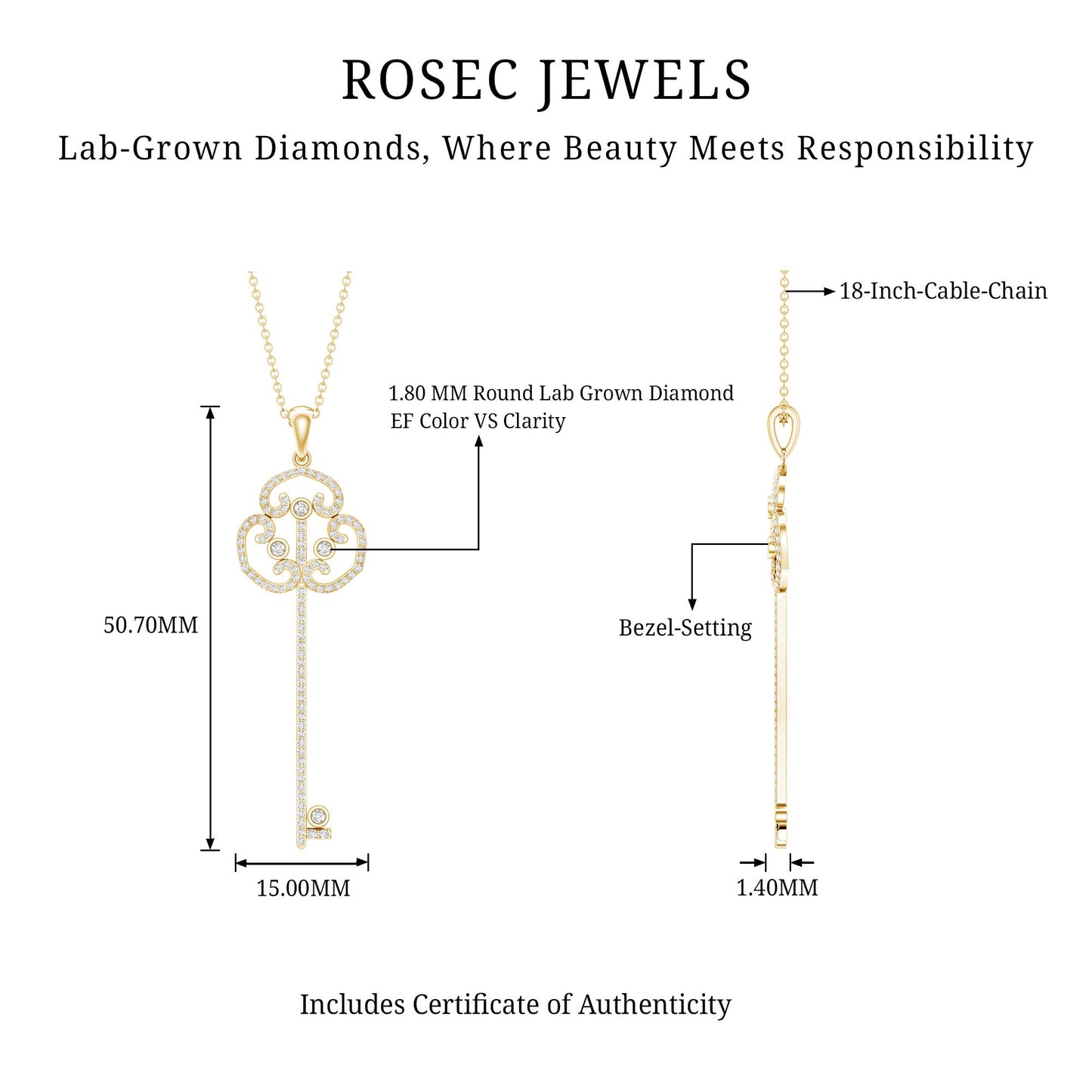 Certified Lab Created Diamond Vintage Style Key Necklace