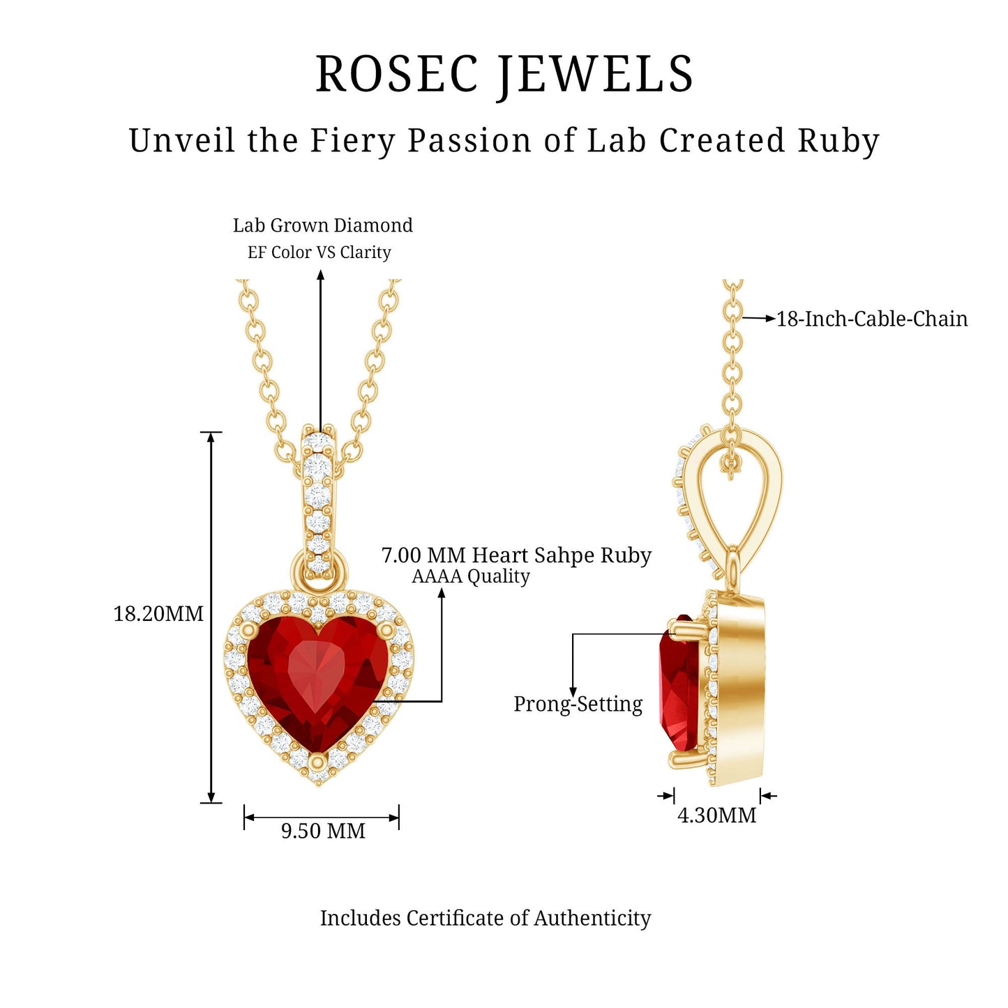 Certified 1.6 Carat Lab Created Ruby Heart Necklace with Diamond Halo