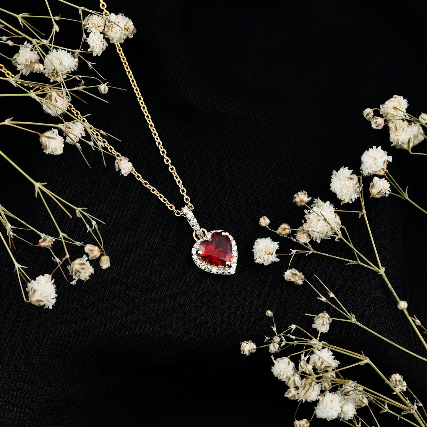 Certified 1.6 Carat Lab Created Ruby Heart Necklace with Diamond Halo