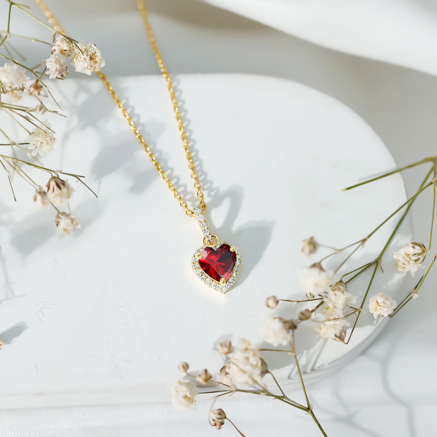 Certified 1.6 Carat Lab Created Ruby Heart Necklace with Diamond Halo