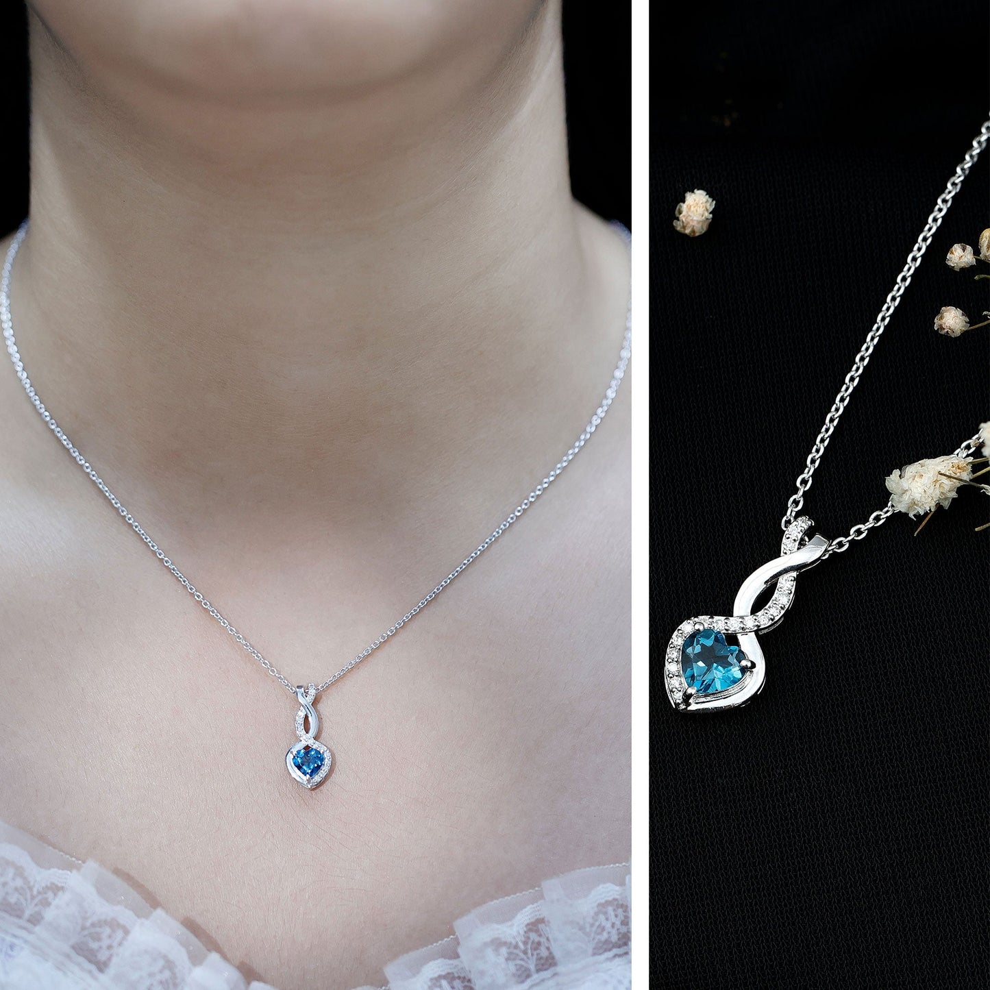 Genuine 0.98 Carat London Blue Topaz Infinity Heart Necklace with Diamond