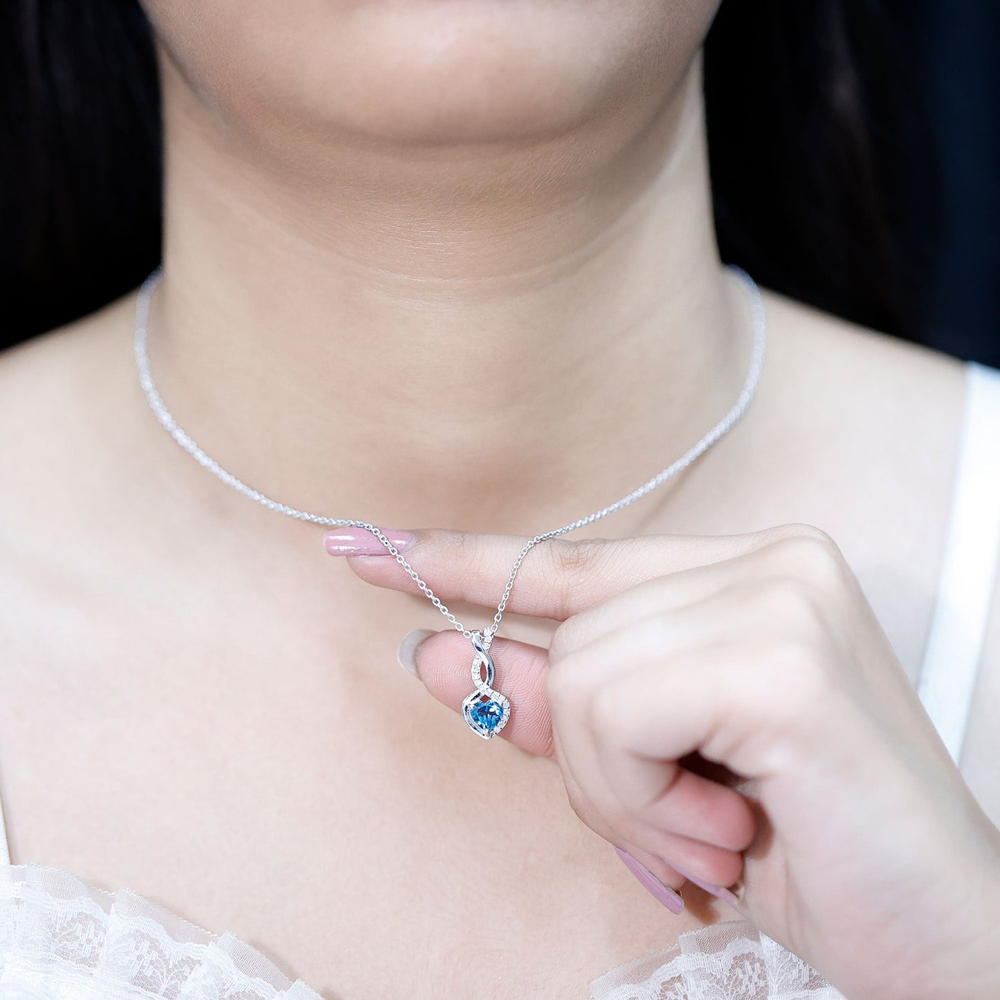 Genuine 0.98 Carat London Blue Topaz Infinity Heart Necklace with Diamond