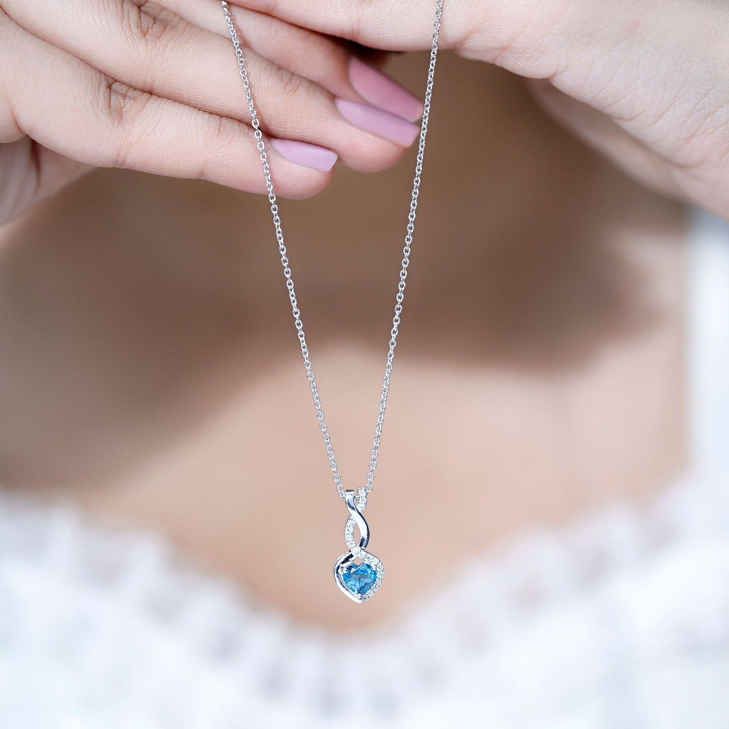 Genuine 0.98 Carat London Blue Topaz Infinity Heart Necklace with Diamond