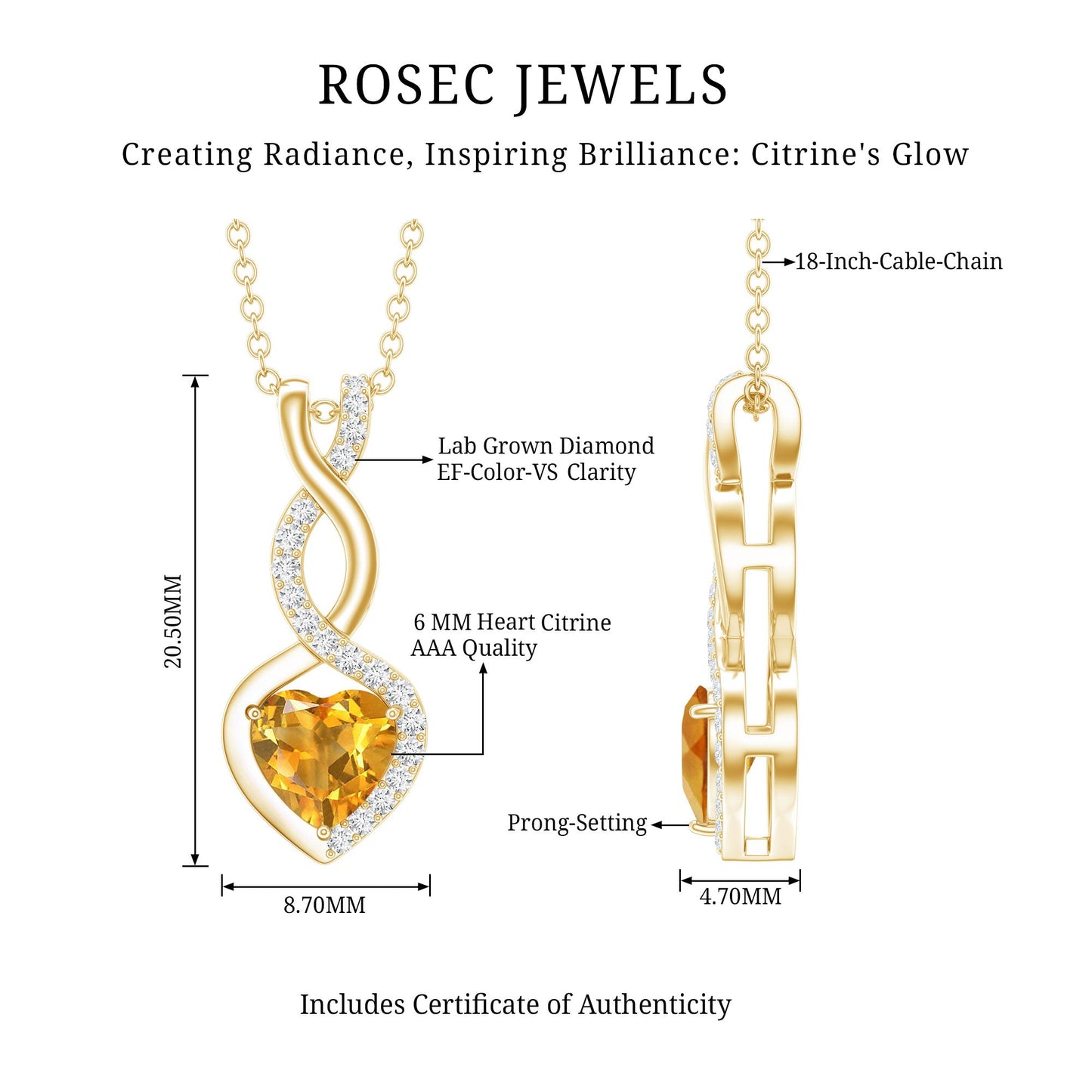 Certified 1 Carat Citrine Diamond Infinity Heart Necklace with Silver Chain