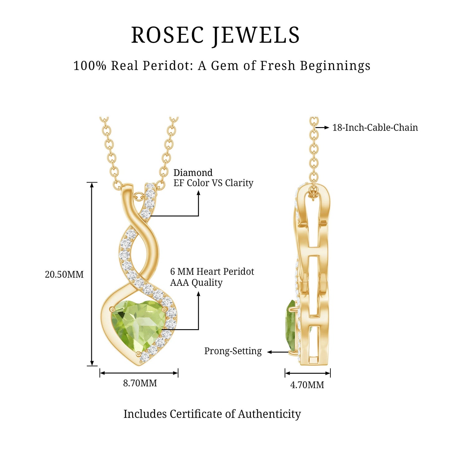 Natural Peridot Heart and Infinity Necklace With Diamond