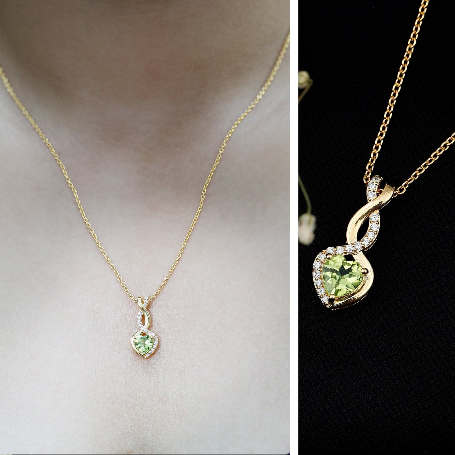 Natural Peridot Heart and Infinity Necklace With Diamond