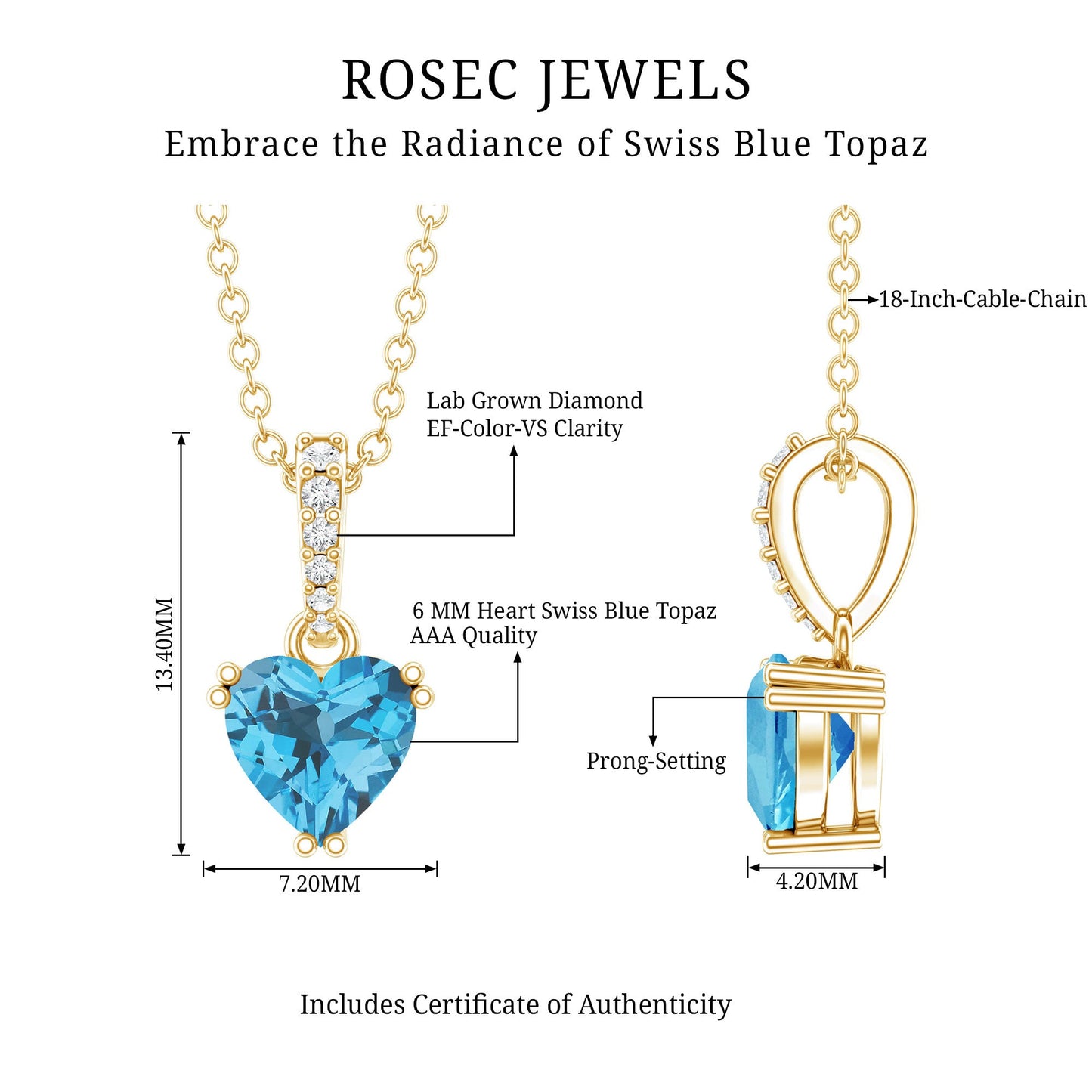 0.9 Carat Swiss Blue Topaz Solitaire and Diamond Heart Necklace with Chain
