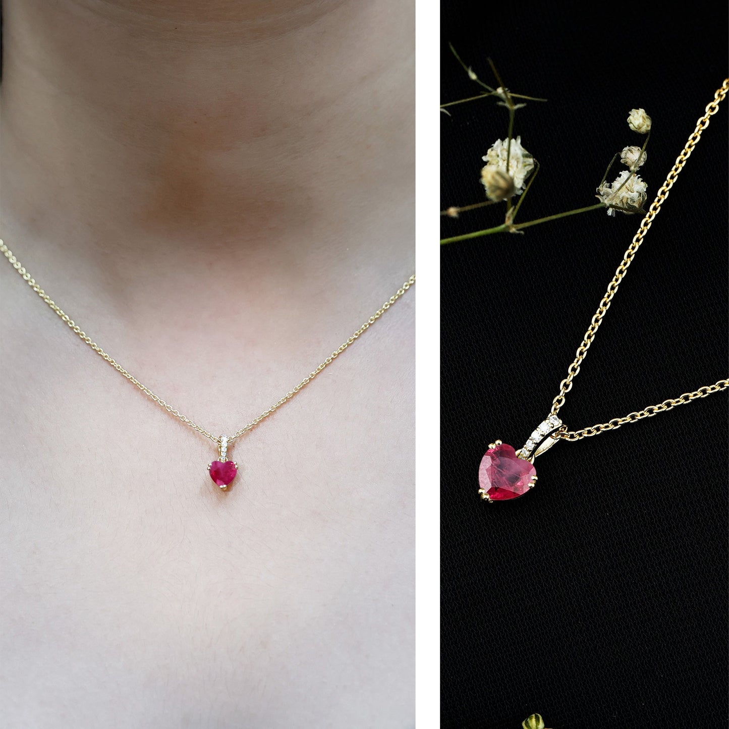 Natural 1 Carat Ruby Heart Necklace with Diamond Bail