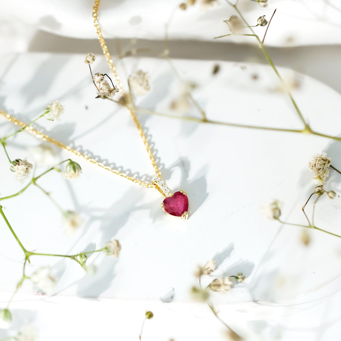 Natural 1 Carat Ruby Heart Necklace with Diamond Bail