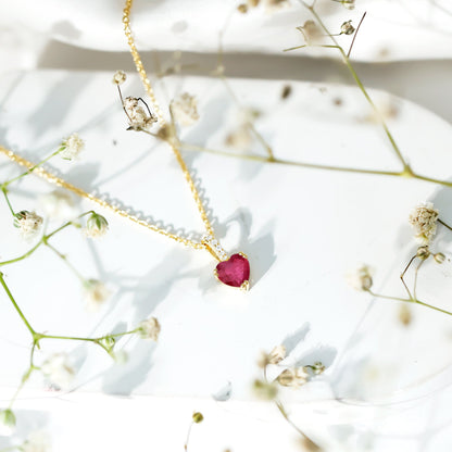 Natural 1 Carat Ruby Heart Necklace with Diamond Bail