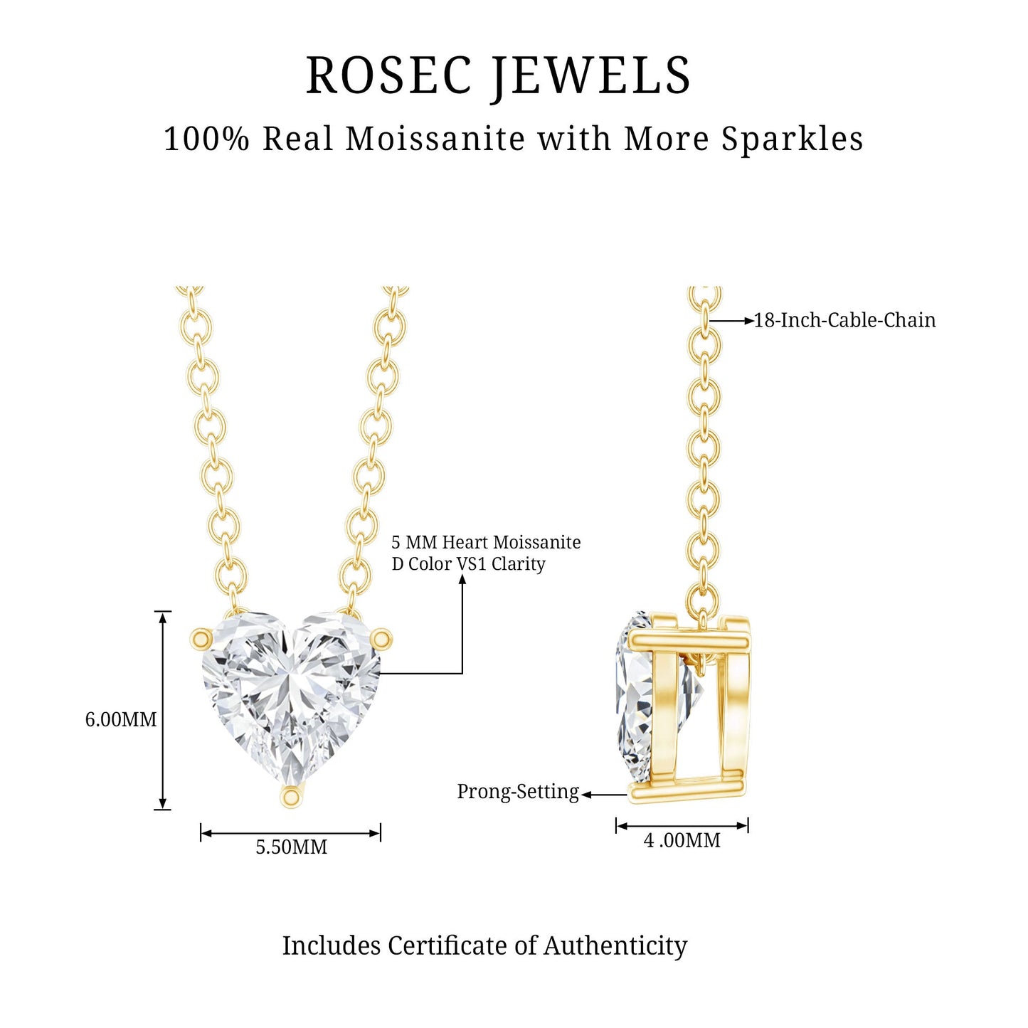 Certified Half Carat Moissanite Heart Promise Necklace with Silver Chain