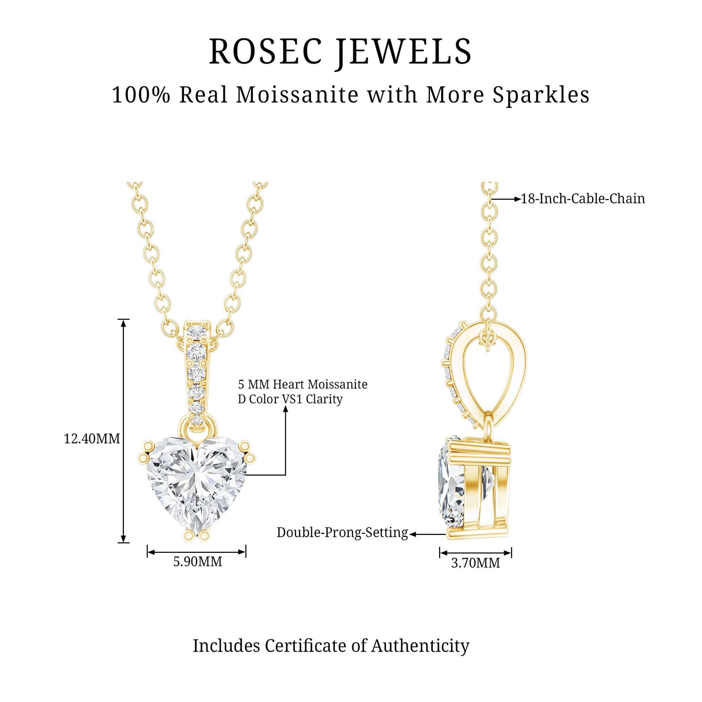 Yellow Gold Plated Silver 0.5 Carat Moissanite Heart Pendant with Chain