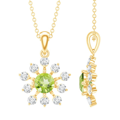 Green Peridot and Diamond Flower Pendant Necklace