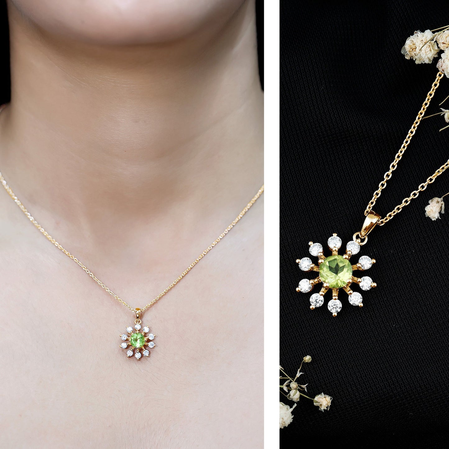 Green Peridot and Diamond Flower Pendant Necklace