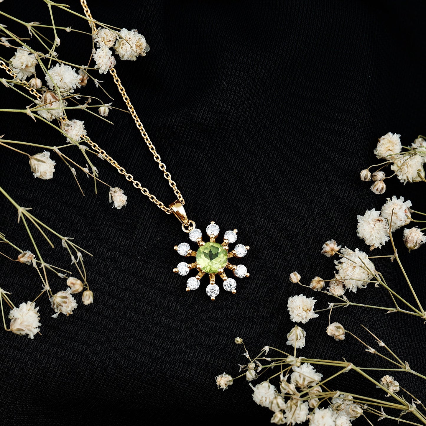 Green Peridot and Diamond Flower Pendant Necklace