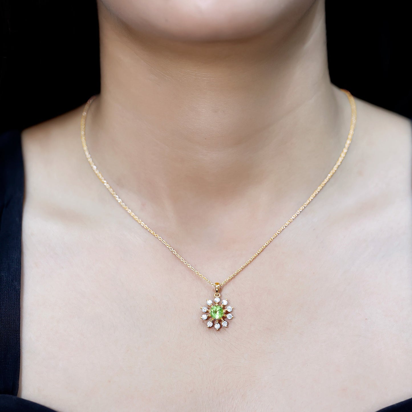 Green Peridot and Diamond Flower Pendant Necklace