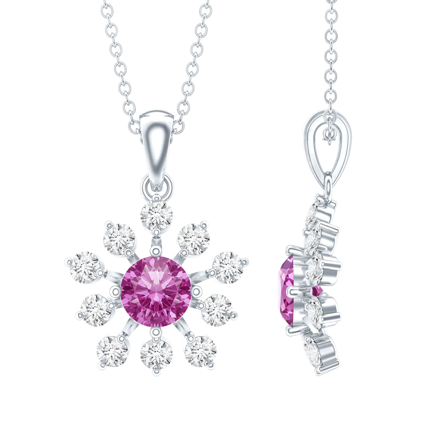 Lab Created Pink Sapphire and Diamond Flower Pendant Necklace