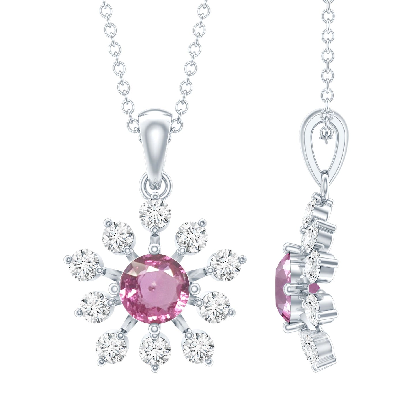 Genuine 0.58 Carat Pink Sapphire and Diamond Flower Pendant Necklace