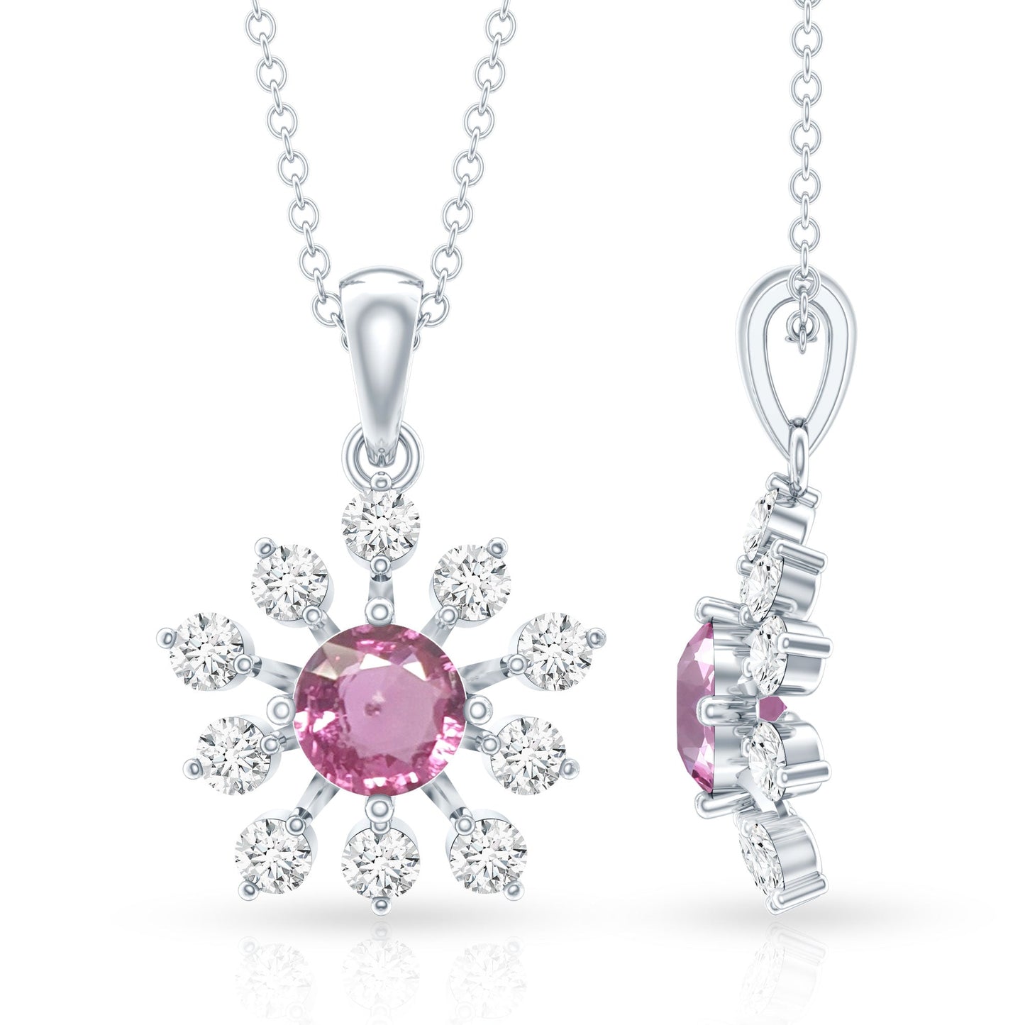 Genuine 0.58 Carat Pink Sapphire and Diamond Flower Pendant Necklace