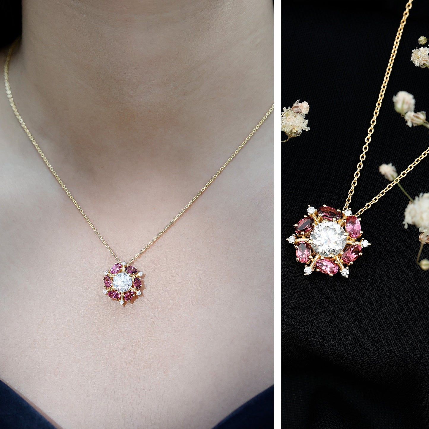 Certified 2 Carat Moissanite Flower Statement Necklace With Pink Tourmaline