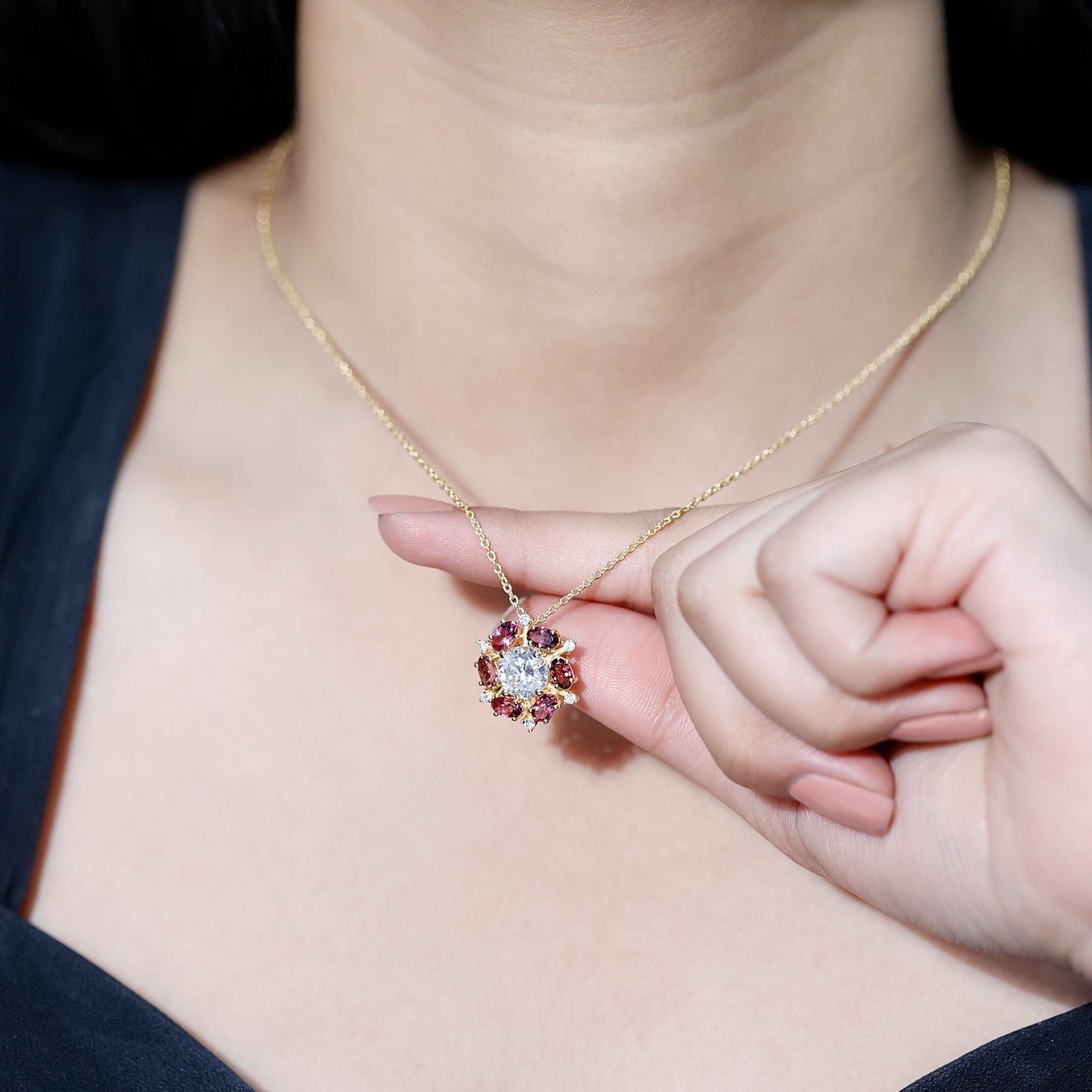 Certified 2 Carat Moissanite Flower Statement Necklace With Pink Tourmaline