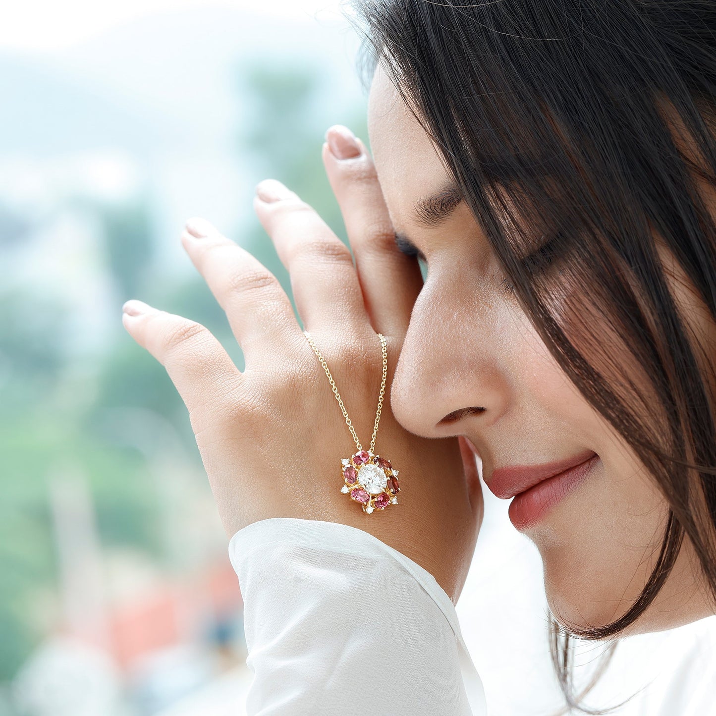 Certified 2 Carat Moissanite Flower Statement Necklace With Pink Tourmaline