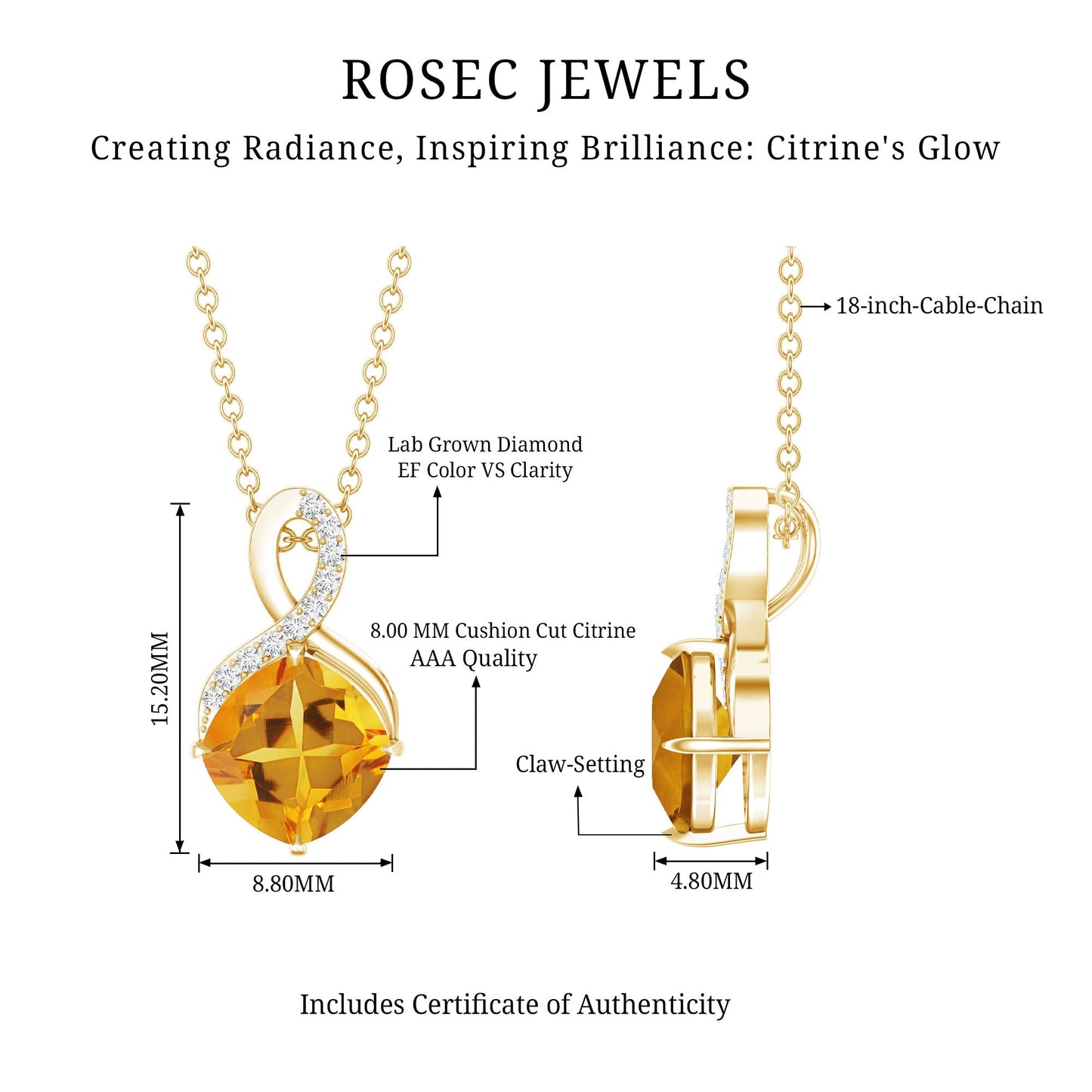 Cushion Cut 2.2 Carat Citrine Infinity Necklace with Silver Chain