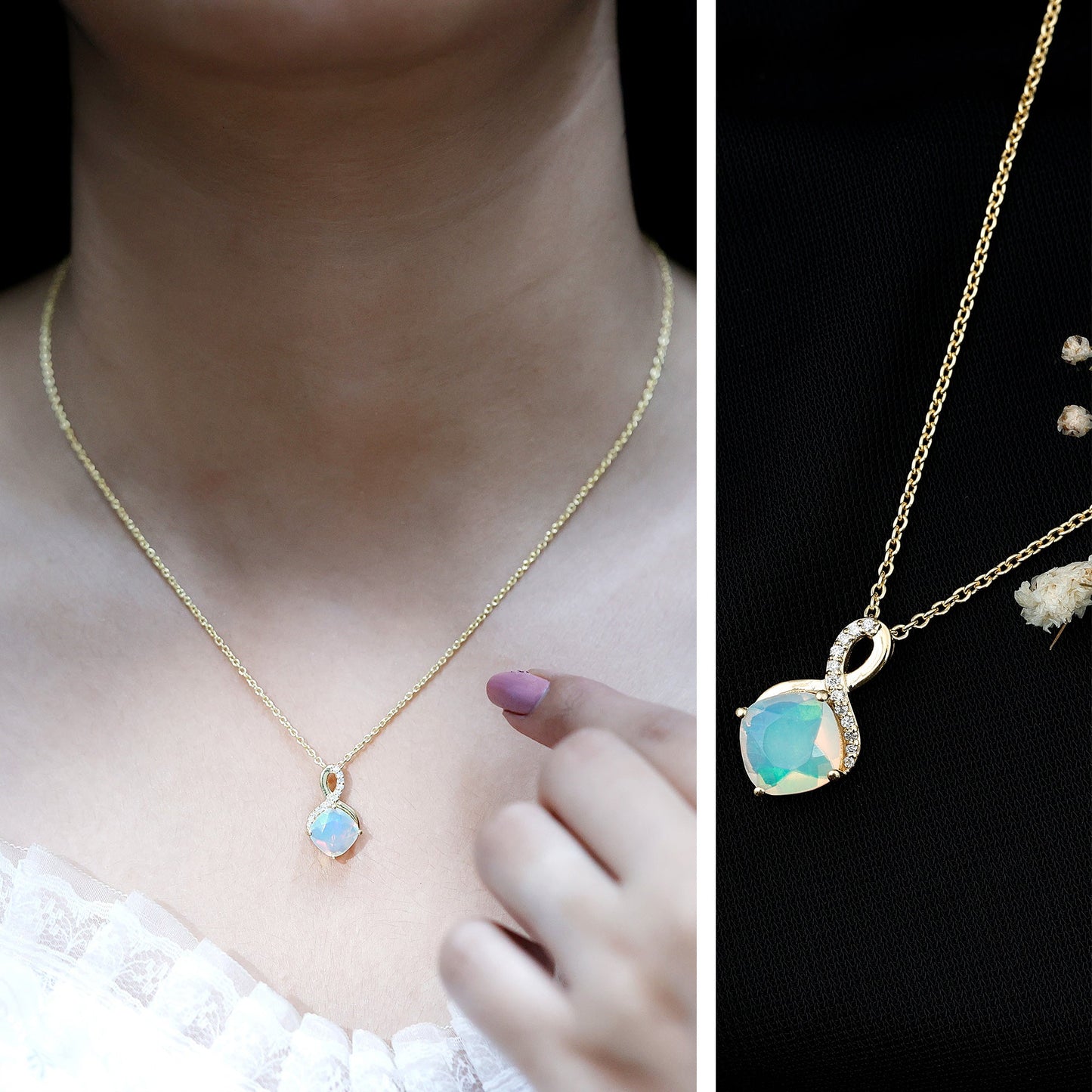 Cushion Cut 1.87 Carat Ethiopian Opal Infinity Necklace with Silver Chain