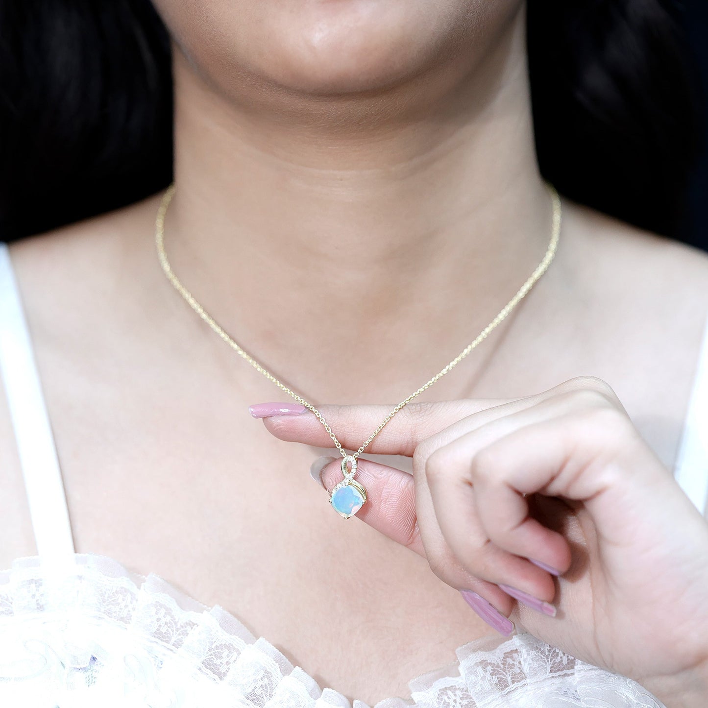 Cushion Cut 1.87 Carat Ethiopian Opal Infinity Necklace with Silver Chain