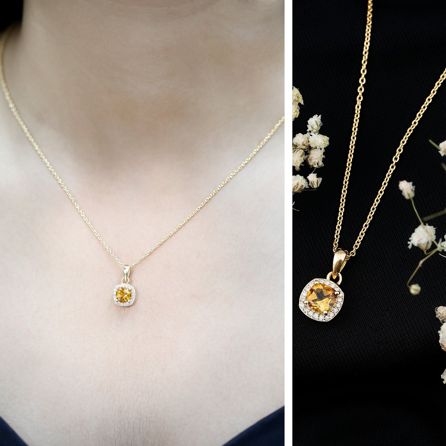 Natural 0.9 Carat Citrine and Diamond Halo Necklace with Silver Chain