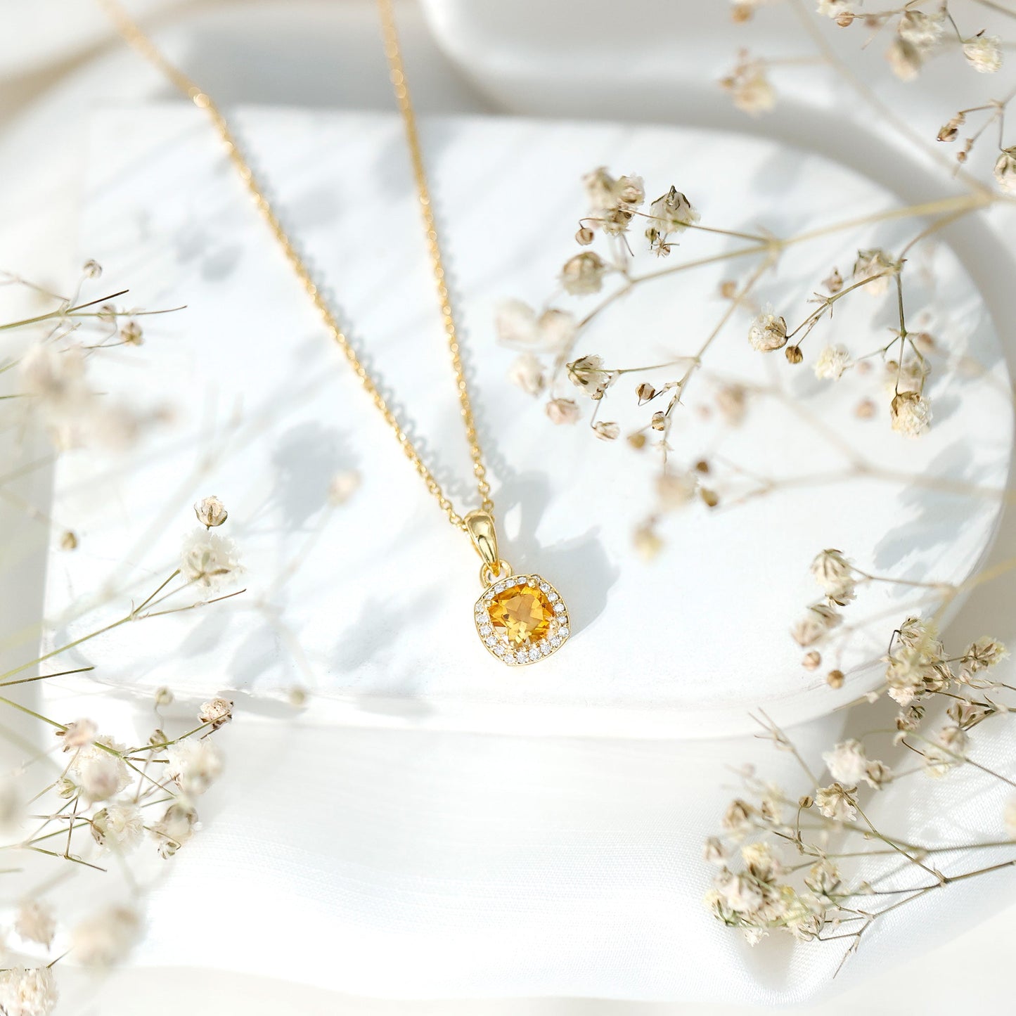 Natural 0.9 Carat Citrine and Diamond Halo Necklace with Silver Chain