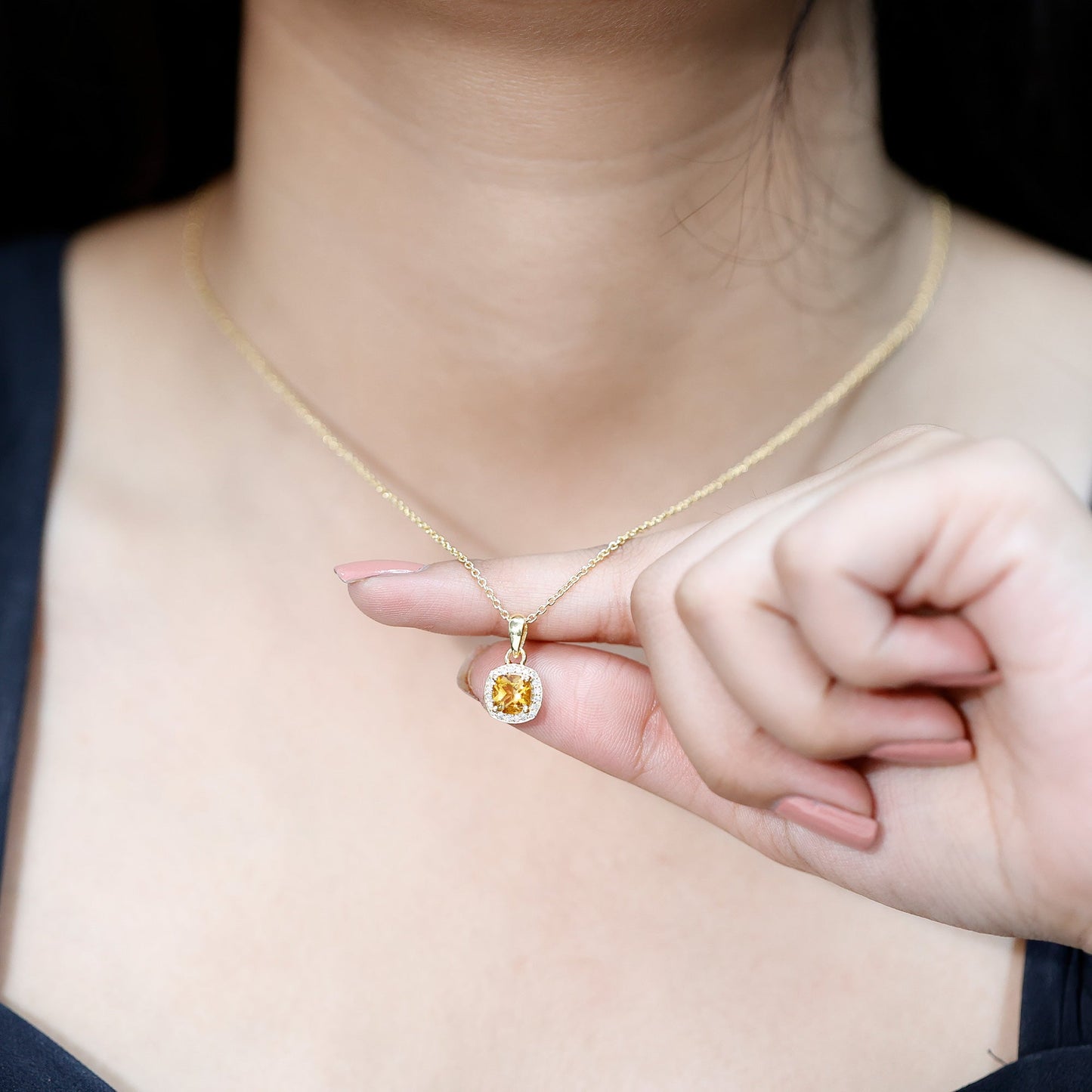 Natural 0.9 Carat Citrine and Diamond Halo Necklace with Silver Chain