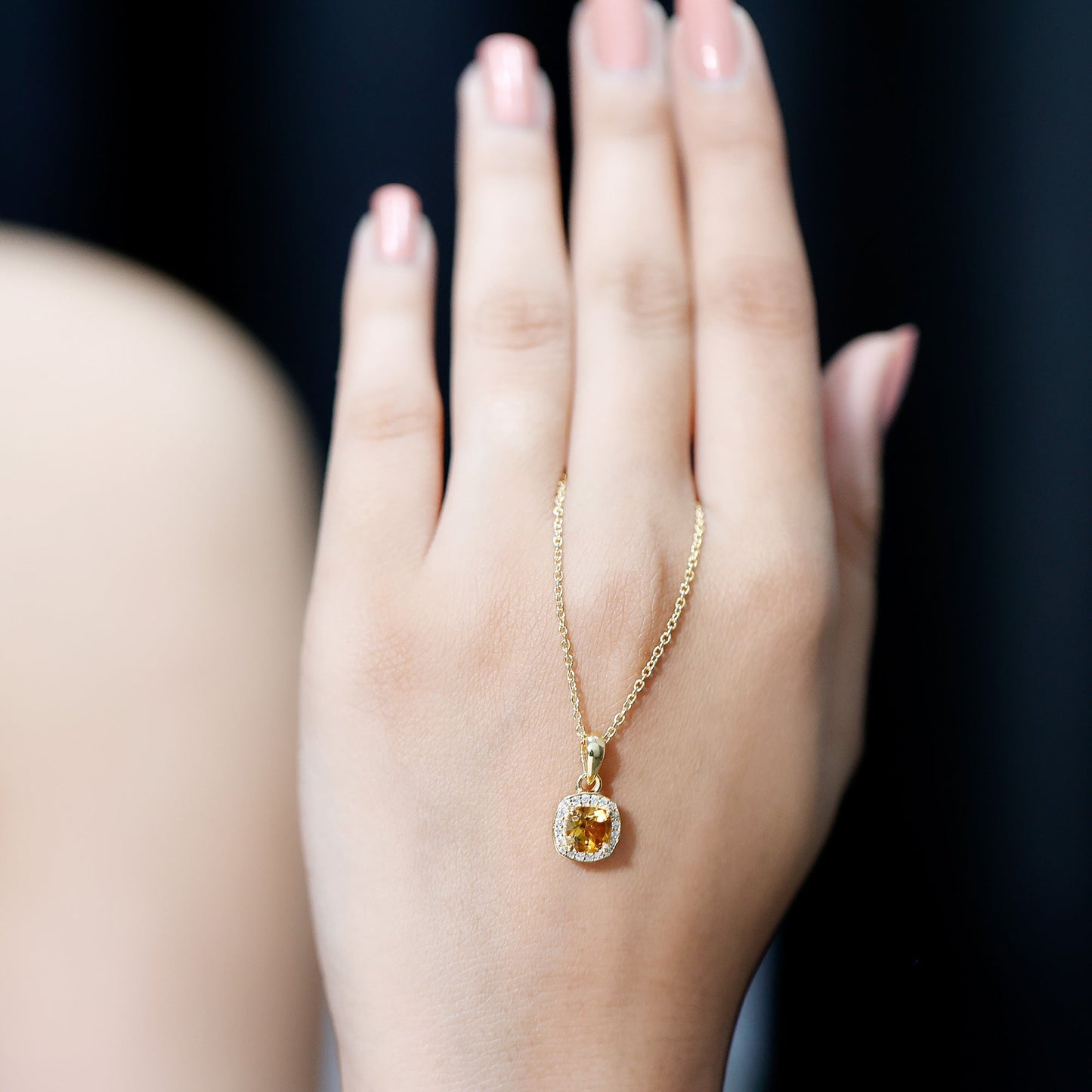 Natural 0.9 Carat Citrine and Diamond Halo Necklace with Silver Chain