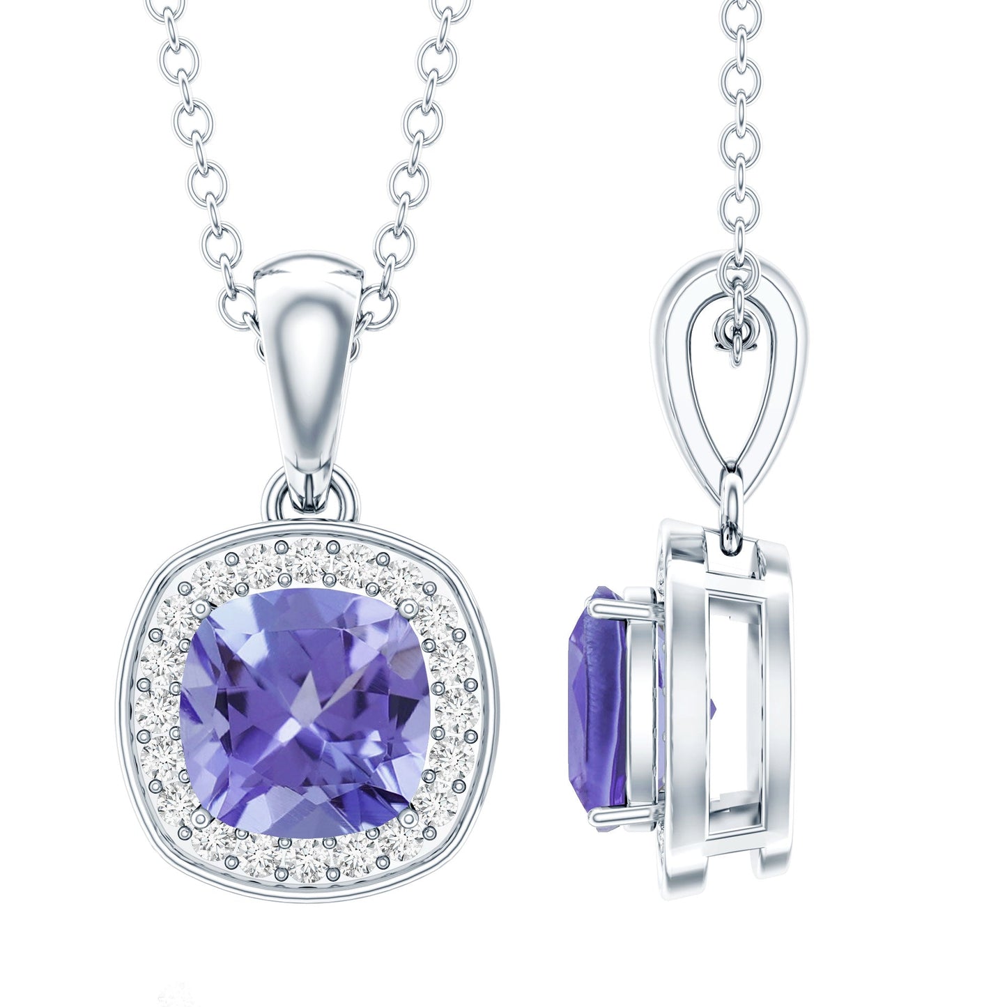Cushion Cut 1.2 Carat Tanzanite Necklace with Lab Diamond Halo