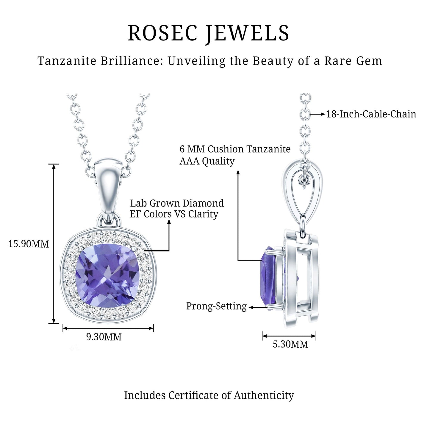 Cushion Cut 1.2 Carat Tanzanite Necklace with Lab Diamond Halo