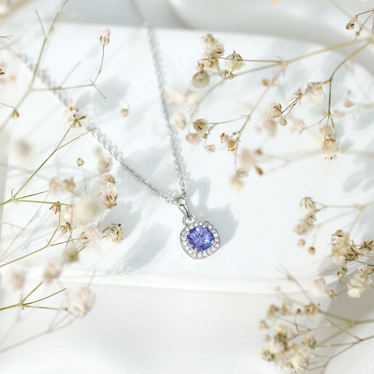 Cushion Cut 1.2 Carat Tanzanite Necklace with Lab Diamond Halo