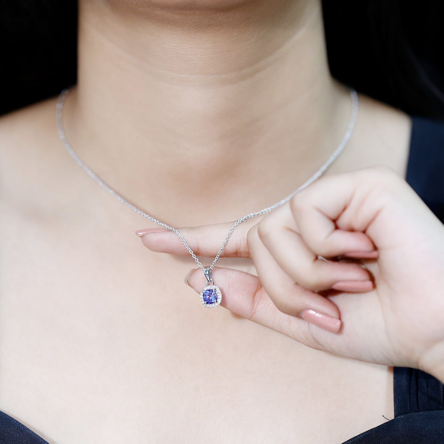 Cushion Cut 1.2 Carat Tanzanite Necklace with Lab Diamond Halo