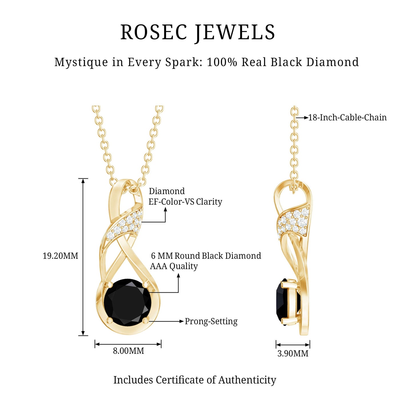 1 Carat Black and White Diamond Infinity Necklace with Silver Chain