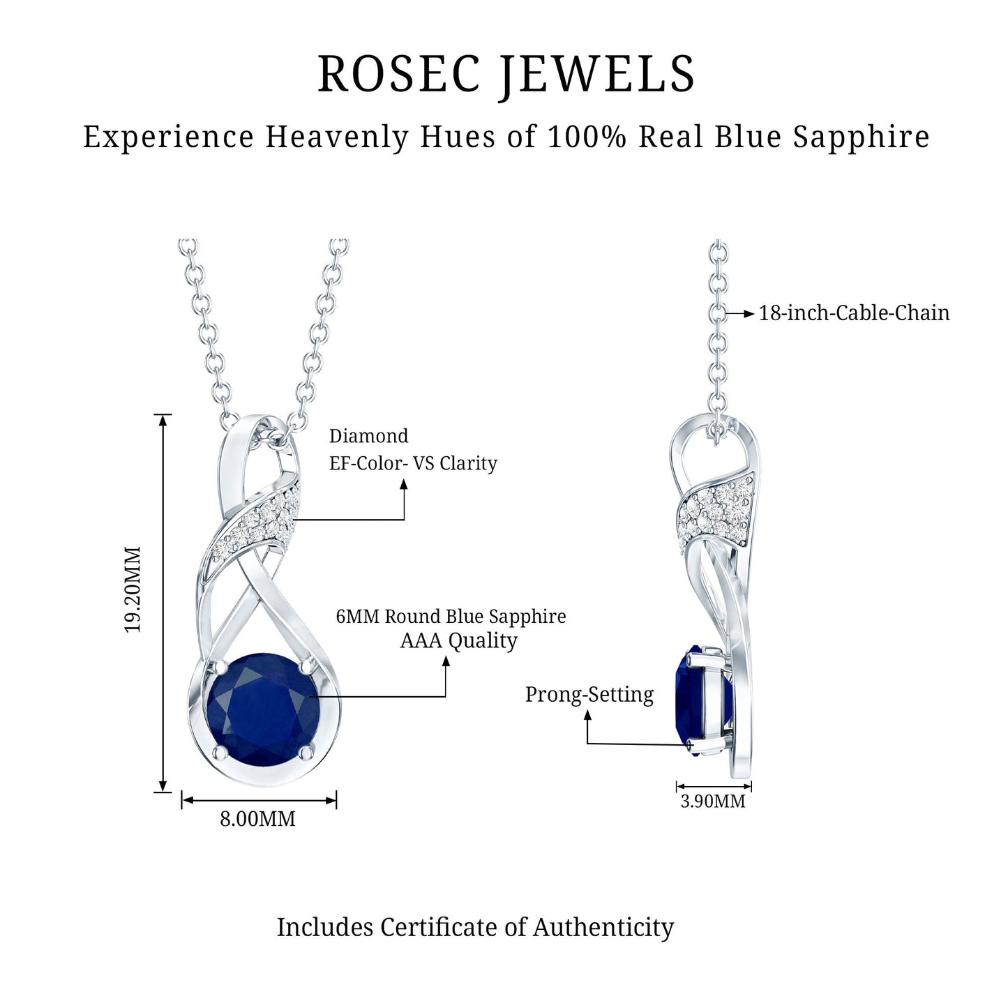 Natural 1 Carat Blue Sapphire Infinity Necklace with Silver Chain