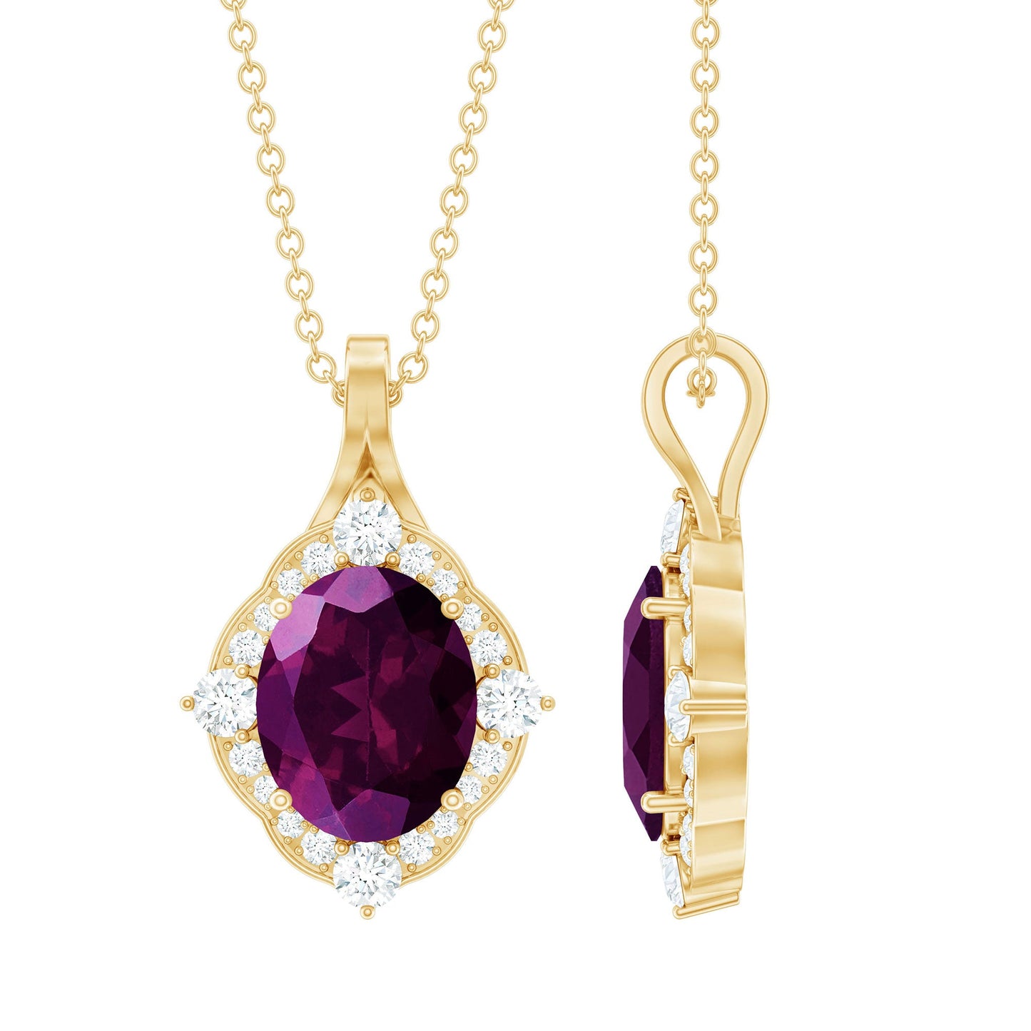 Vintage Style 3.6 Carat Rhodolite Garnet Necklace with Diamond Halo