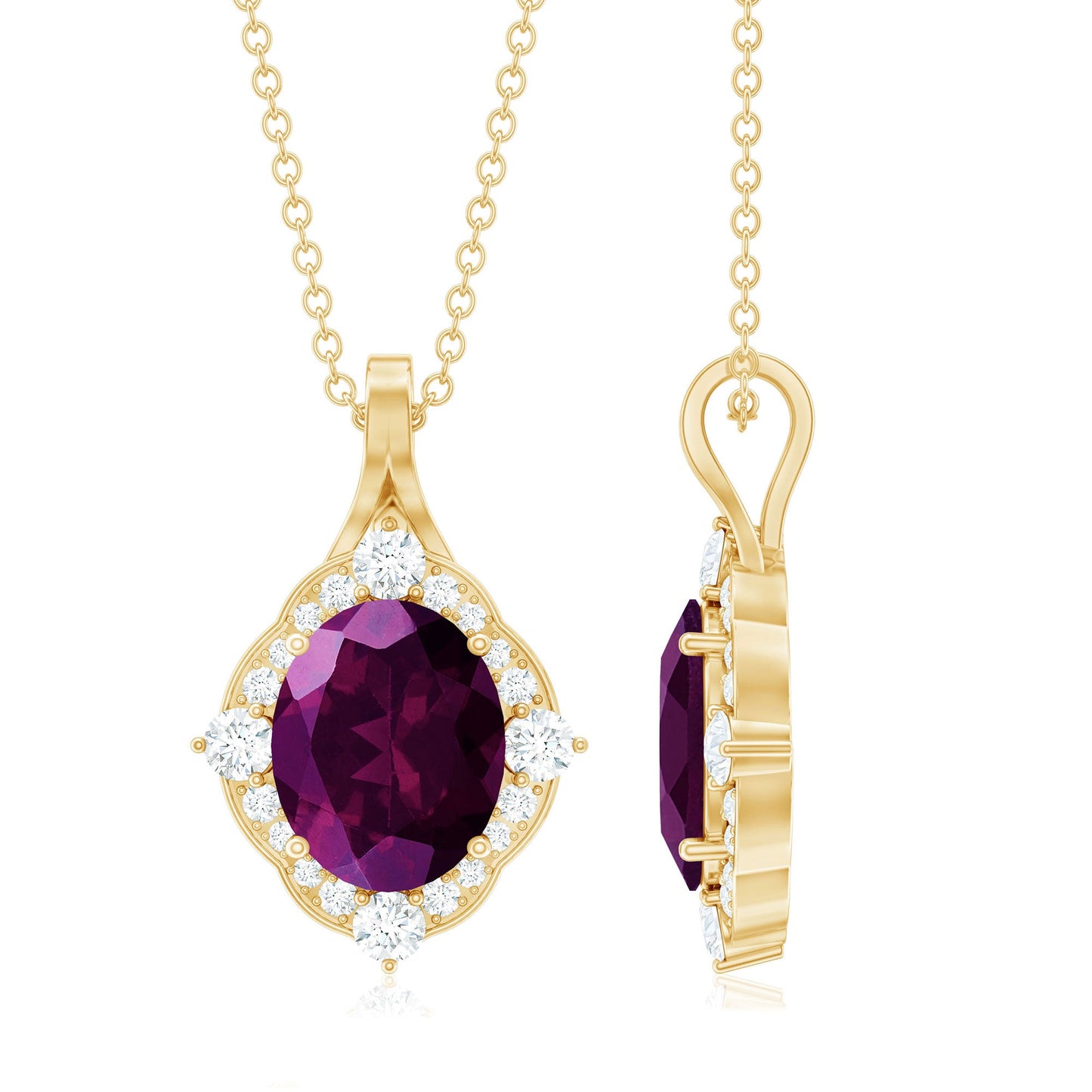 Vintage Style 3.6 Carat Rhodolite Garnet Necklace with Diamond Halo