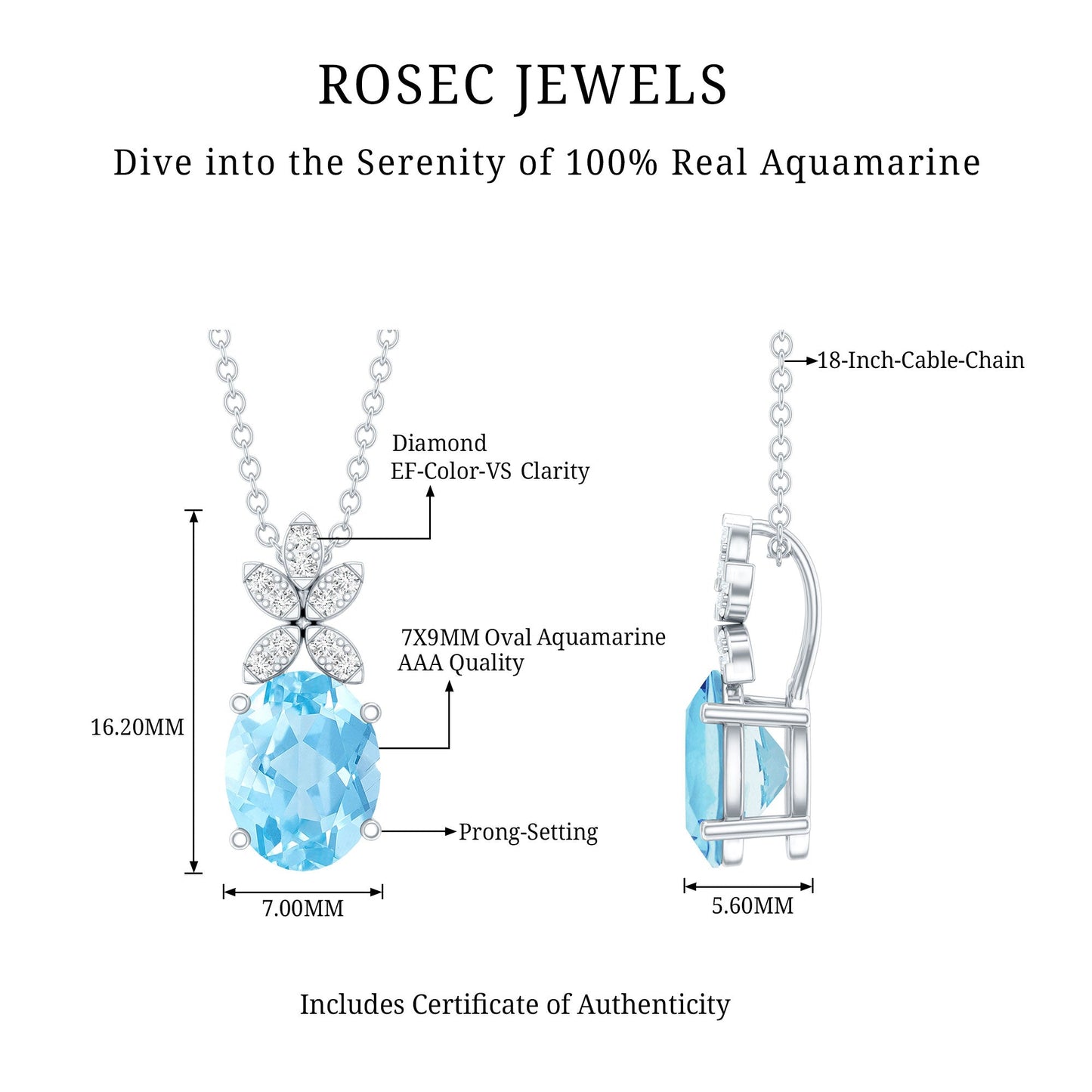 Natural 1.7 CT Oval Aquamarine Flower Necklace with Lab Grown Diamonds