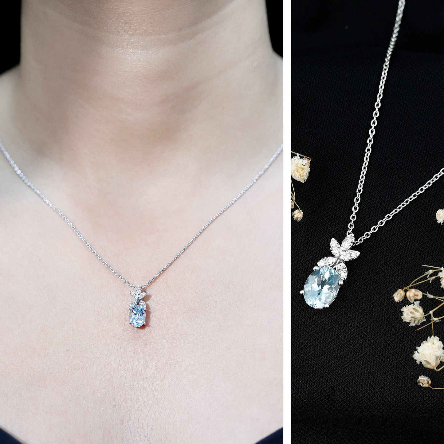 Natural 1.7 CT Oval Aquamarine Flower Necklace with Lab Grown Diamonds