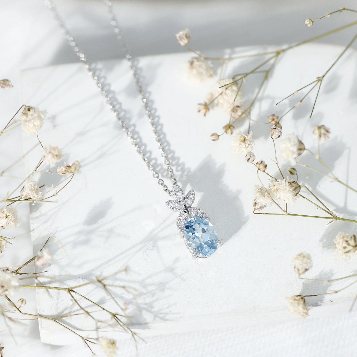 Natural 1.7 CT Oval Aquamarine Flower Necklace with Lab Grown Diamonds