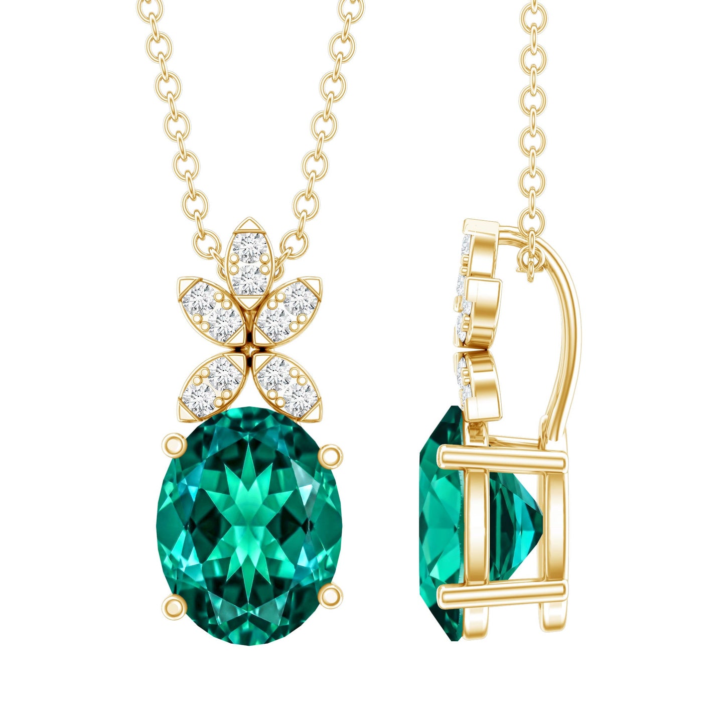 2 Carat Oval Lab Grown Emerald Wedding Necklace with Diamond Flower
