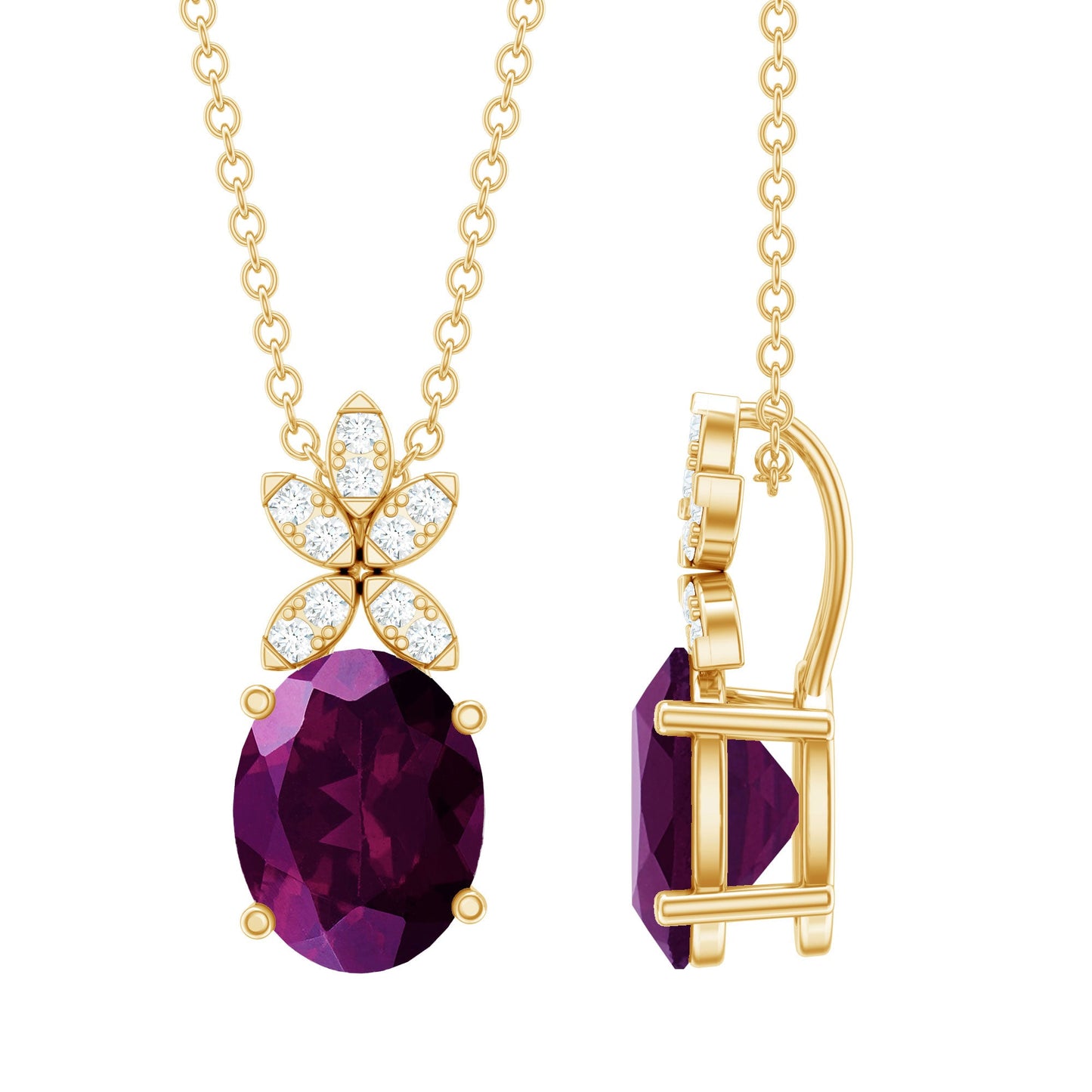 Oval 2.5 Carat Rhodolite Pendant Necklace with Diamond Flower