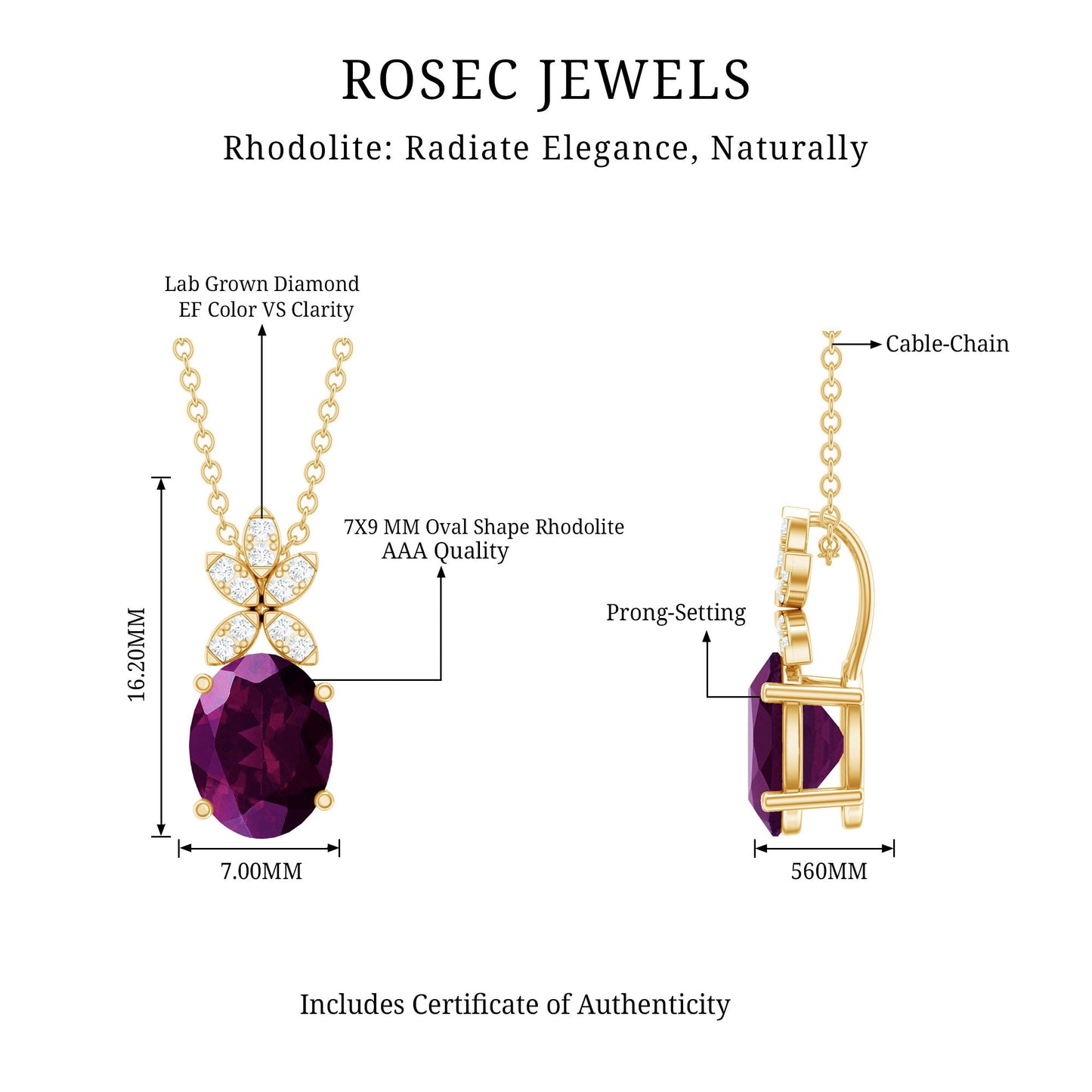 Oval 2.5 Carat Rhodolite Pendant Necklace with Diamond Flower